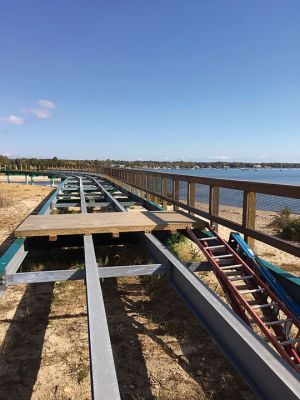 Mattapoisett Bike Path
Planking for the bike path is under test review, and the installation of railings along the elevated sections of railings can be seen from the Reservation Road portion of Phase 1b of the Mattapoisett Bike Path. Town Administrator Mike Lorenco said that although a different type of planking material is being tested, the town will not accept the project for ownership until MassDOT enters into a joint-ownership agreement and/or provides bonding assurances in the event of material failure as previous experience
