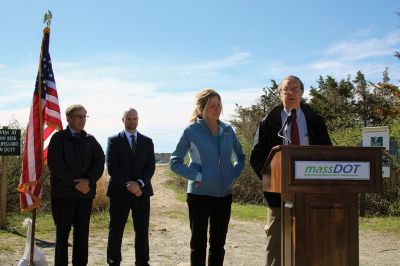 Mattapoisett Bike Path
It’s official! The ground has been broken for the next phase of the Mattapoisett bike Path! On April 25, MassDOT officials, town officials, YMCA reps, and Representative Bill Straus joined Mattapoisett residents in a celebratory ceremony early Thursday morning to reflect on the project’s long journey and throw some ceremonial sand with shiny silver shovels. Photo by Jean Perry
