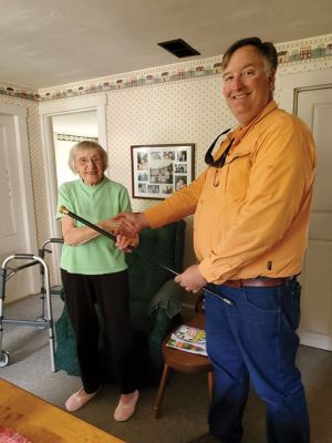 Boston Post Cane
Selectman Brad Morse presented the Boston Post cane to Rochester’s oldest living resident, Edna Chadwick, 101, at her home on June 11.  The Boston Post cane tradition was started in 1909 when the now defunct newspaper presented 700 New England towns with ebony canes imported from Africa and crowned in 14-karat gold to be passed down to the oldest resident living in the town. The last cane holder, Marion Thomas, passed away on April 19, 2019, at the age of 102. Photo courtesy Amanda Baptiste
