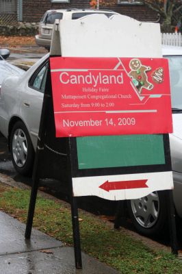 Candyland
Candyland Faire Fun - the rain didnt stop Holiday-minded buyers from attending the Mattapoisett Congregational Churchs Candyland Faire on November 14, 2009. It was standing-room only as people browsed through tables of hand-knitted sweaters, fudge, baked goods, festive dishes and more. Even Mrs. Claus took a break from her busy schedule to attend!  Photo by Anne OBrien-Kakley
