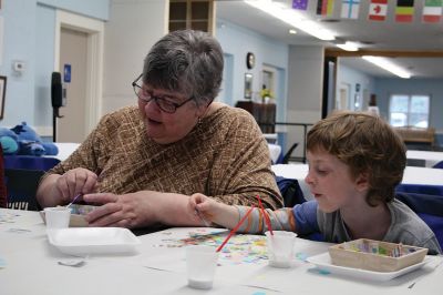 Create & Connectivity
As part of Art Week, the Marion Art Center joined the Council on Aging on Saturday morning, May 4, for a seniors and children’s “Create & Connectivity” event at the Benjamin D. Cushing Community Center. Participants of all ages used colorful paper cuts and glue to decoupage small wooden trays. Photos by Jean Perry
