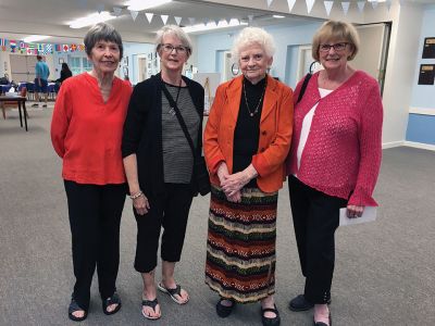 Marion COA
Members of the Canalside Artists group flank Mary Ross, gallery manager for the Marion COA, on September 6 during the opening reception of the newest exhibit of watercolor paintings. (L-R: Betty DeVincent of Rochester, Janet Smith Flaherty of Rochester, Mary Ross of Marion, and Karen Tamagini of Wareham). Photo by Marilou Newell
