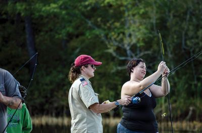 Gine Fishing
Rochester Scout Pack 30 had a fishing day at Five Mile Pond at Camp Cachelot in Myles Standish State Forest on September 27. The Cub Scouts were being trained in the art of fishing, tying knots for their hooks, as well as baiting a hook. Joshua Ernstzen, 7, (middle right) was the first Cub Scout to catch a fish. Photos by Denzil Ernstzen
