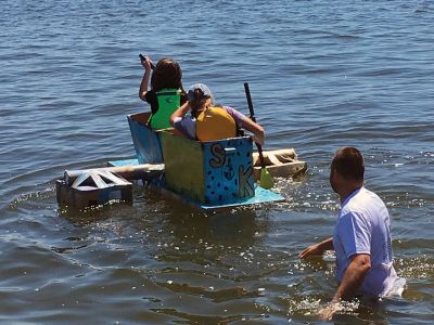 Cardboard Boat Race 
ORRJHS held the 6th annual Cardboard Boat Race on June 15 during S.C.O.P.E. week for 7th grade students. S.C.O.P.E. – Student Centered Opportunities for Personal Enrichment – is a week-long program that offers activities that challenge students while having fun! In addition to the cardboard boat race at the Mattapoisett YMCA, the week was filled with trips, tours, and activities, such as team building and the ropes course at the Dartmouth YMCA, a visit to Historic Faneuil Hall. Photo courtesy Kathryn Gauvin
