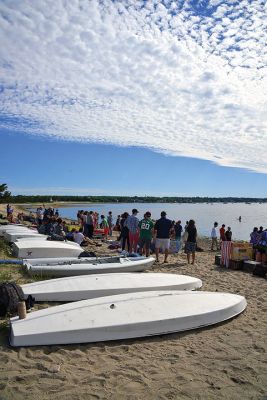 The Scoop on S.C.O.P.E. 
ORRJHS 7th-grade students participated in the annual S.C.O.P.E. cardboard boat race at the beach at the Mattapoisett YMCA last Wednesday, June 20. The students engineer and build their boats – some sink, some sail – and this year team “Funky Monkey” came in first place. There were 15 boats in all this year, all created by teams of four. Photos by Glenn C. Silva
