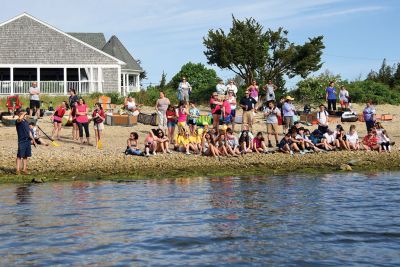 The Scoop on S.C.O.P.E. 
ORRJHS 7th-grade students participated in the annual S.C.O.P.E. cardboard boat race at the beach at the Mattapoisett YMCA last Wednesday, June 20. The students engineer and build their boats – some sink, some sail – and this year team “Funky Monkey” came in first place. There were 15 boats in all this year, all created by teams of four. Photos by Glenn C. Silva
