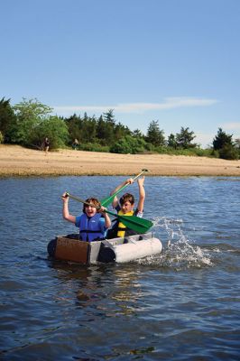 The Scoop on S.C.O.P.E. 
ORRJHS 7th-grade students participated in the annual S.C.O.P.E. cardboard boat race at the beach at the Mattapoisett YMCA last Wednesday, June 20. The students engineer and build their boats – some sink, some sail – and this year team “Funky Monkey” came in first place. There were 15 boats in all this year, all created by teams of four. Photos by Glenn C. Silva
