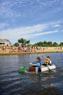 The Scoop on S.C.O.P.E. 
ORRJHS 7th-grade students participated in the annual S.C.O.P.E. cardboard boat race at the beach at the Mattapoisett YMCA last Wednesday, June 20. The students engineer and build their boats – some sink, some sail – and this year team “Funky Monkey” came in first place. There were 15 boats in all this year, all created by teams of four. Photos by Glenn C. Silva
