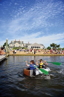 The Scoop on S.C.O.P.E. 
ORRJHS 7th-grade students participated in the annual S.C.O.P.E. cardboard boat race at the beach at the Mattapoisett YMCA last Wednesday, June 20. The students engineer and build their boats – some sink, some sail – and this year team “Funky Monkey” came in first place. There were 15 boats in all this year, all created by teams of four. Photos by Glenn C. Silva
