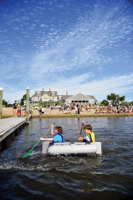 The Scoop on S.C.O.P.E. 
ORRJHS 7th-grade students participated in the annual S.C.O.P.E. cardboard boat race at the beach at the Mattapoisett YMCA last Wednesday, June 20. The students engineer and build their boats – some sink, some sail – and this year team “Funky Monkey” came in first place. There were 15 boats in all this year, all created by teams of four. Photos by Glenn C. Silva
