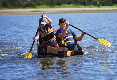 The Scoop on S.C.O.P.E. 
ORRJHS 7th-grade students participated in the annual S.C.O.P.E. cardboard boat race at the beach at the Mattapoisett YMCA last Wednesday, June 20. The students engineer and build their boats – some sink, some sail – and this year team “Funky Monkey” came in first place. There were 15 boats in all this year, all created by teams of four. Photos by Glenn C. Silva
