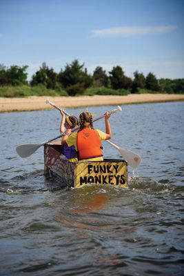 The Scoop on S.C.O.P.E. 
ORRJHS 7th-grade students participated in the annual S.C.O.P.E. cardboard boat race at the beach at the Mattapoisett YMCA last Wednesday, June 20. The students engineer and build their boats – some sink, some sail – and this year team “Funky Monkey” came in first place. There were 15 boats in all this year, all created by teams of four. Photos by Glenn C. Silva
