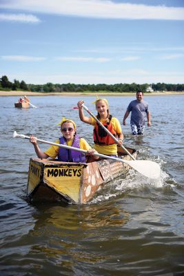 The Scoop on S.C.O.P.E. 
ORRJHS 7th-grade students participated in the annual S.C.O.P.E. cardboard boat race at the beach at the Mattapoisett YMCA last Wednesday, June 20. The students engineer and build their boats – some sink, some sail – and this year team “Funky Monkey” came in first place. There were 15 boats in all this year, all created by teams of four. Photos by Glenn C. Silva
