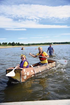 The Scoop on S.C.O.P.E. 
ORRJHS 7th-grade students participated in the annual S.C.O.P.E. cardboard boat race at the beach at the Mattapoisett YMCA last Wednesday, June 20. The students engineer and build their boats – some sink, some sail – and this year team “Funky Monkey” came in first place. There were 15 boats in all this year, all created by teams of four. Photos by Glenn C. Silva
