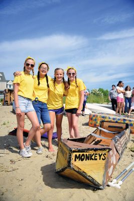 The Scoop on S.C.O.P.E. 
ORRJHS 7th-grade students participated in the annual S.C.O.P.E. cardboard boat race at the beach at the Mattapoisett YMCA last Wednesday, June 20. The students engineer and build their boats – some sink, some sail – and this year team “Funky Monkey” came in first place. There were 15 boats in all this year, all created by teams of four. Photos by Glenn C. Silva
