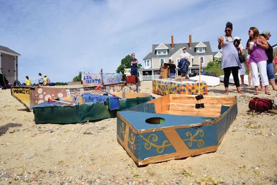 The Scoop on S.C.O.P.E. 
ORRJHS 7th-grade students participated in the annual S.C.O.P.E. cardboard boat race at the beach at the Mattapoisett YMCA last Wednesday, June 20. The students engineer and build their boats – some sink, some sail – and this year team “Funky Monkey” came in first place. There were 15 boats in all this year, all created by teams of four. Photos by Glenn C. Silva
