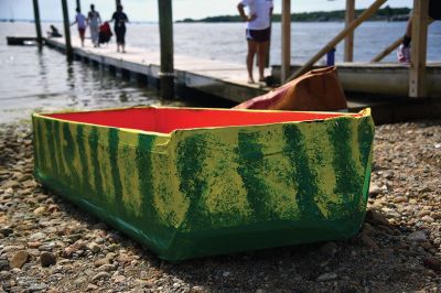 The Scoop on S.C.O.P.E. 
ORRJHS 7th-grade students participated in the annual S.C.O.P.E. cardboard boat race at the beach at the Mattapoisett YMCA last Wednesday, June 20. The students engineer and build their boats – some sink, some sail – and this year team “Funky Monkey” came in first place. There were 15 boats in all this year, all created by teams of four. Photos by Glenn C. Silva
