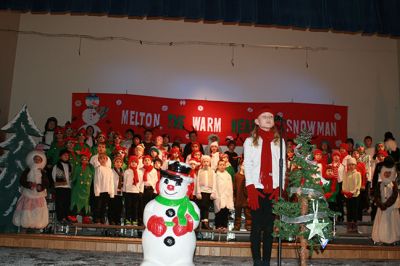 Melton The Warm-Hearted Snowman
The students of Center School performed their holiday production of Melton The Warm-Hearted Snowman to a full house of adoring family members and friends on Thursday December 19th.  Directed by Ms. Willow Dowling the entire student body lent their talents and enthusiasm to this story of a snowman ‘born’ with a warm heart.  Photo by Marilou Newell
