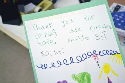 Sergeant Kasey Koch
The Center School students in Jennifer Aarsheim’s first grade class spent the afternoon on November 24 making thank you cards addressed to Sergeant Kasey Koch serving in Afghanistan, who is connected to some local troops who also served in Afghanistan. The students put together care packages as a way to say thank you to our troops this Thanksgiving. Photos by Jean Perry
