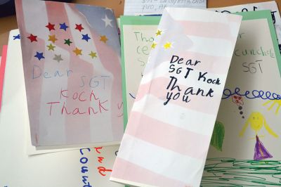 Sergeant Kasey Koch
The Center School students in Jennifer Aarsheim’s first grade class spent the afternoon on November 24 making thank you cards addressed to Sergeant Kasey Koch serving in Afghanistan, who is connected to some local troops who also served in Afghanistan. The students put together care packages as a way to say thank you to our troops this Thanksgiving. Photos by Jean Perry
