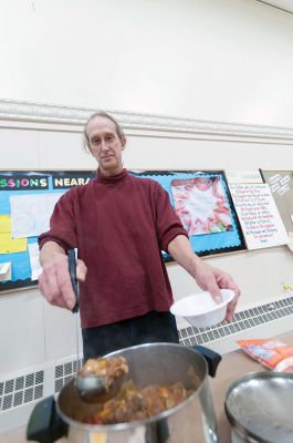 Chili Cook-off
The MattMen of Mattapoisett Congregational Church came together Sunday night, January 25th ,to see who amongst them cooks up the best man-made chili.  Tasting was free to all who came.  Those who wished to vote contributed $5 to The Baby Project of New Bedford.  $518 was raised for The Baby Project. Out of 15 chili cooks who prepared 16 pots of chili, Rory McFee received the most votes for his “Smoky Chili.”.  Bob Field’s “Oyster Chili” came in second place.  Photo by Felix Perez
