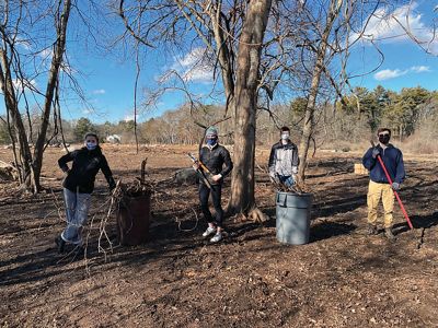 TriTown Clean-up
On a recent sunny Saturday afternoon, the ORR Community Service Learning Club, the ORR Environmental Club, and Mattapoisett Boy Scout Troop 53 came together to help the Mattapoisett Land Trust. Four students from the clubs and eight Boy Scouts met up at the MLT Santos Farm Property at the end of Bowman Road to help clear the property of vines and branches. Photos courtesy Wendy Copps
