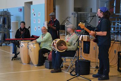 Manguito
Center School students were introduced to Latin rhythms and percussion instruments by the Boston-based educational Latin American music group Manguito during an afternoon presentation on January 24. Manguito members really captured the attention of the kids, resulting in plenty of learning while the group’s sizzling salsa and merengue music resulted in an eruption of dancing and spontaneous conga lines. Photo by Jean Perry
