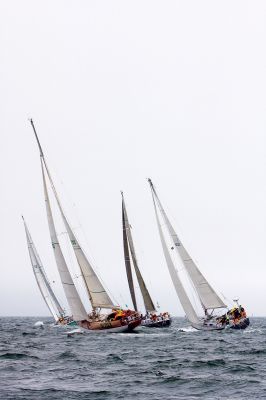 Sailing Away
The 2009 Marion to Bermuda Cruising Yacht Race Class B start. Left to Right; 73113 Crackerjack, Alan Krulisch, Cambria 40; 51703, Restive, George P. Denny III, Alden 48 Custom;  93310, Triple Lindy, Joseph Mele, Swan44 MK II; and NA 23, Defiance, Robert King, Navy 44 Mark 2. Photo by Fran Grenon, www.spectrumphotofg.com. June 25, 2009 edition.
