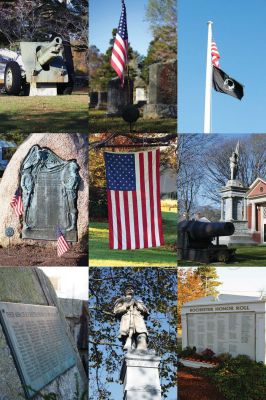 Veteran's Day
Top row, left to right: The Marion VFW cannon, a veteran's grave at Cushing Cemetery, the American and POW MIA flag on Front Street. Middle row: The World War memorial on Front Street, a citizen's flag on New Bedford Road in Rochester, the Veteran's memorial at Mattapoisett library. Bottom row: the Rochester Town Hall memorial, the Civil War memorial at the Music Hall and the Rochester Honor Roll on Marion Road. Photos by Anne Kakley and Paul Lopes. November 10, 2011 edition

