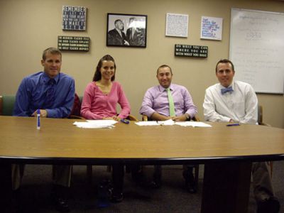 The Devoll Show
ORRHS Principal Michael Devoll will be hosting his own television program, “The Devoll Show,” weekly on ORCTV.  The first edition of the program featured new teachers at the school.  From left to right:  Micah Kidney, Laura-Jean Champagne, Michael Benson and Principal Devoll. Photo courtesy of Deborah Stinson.
