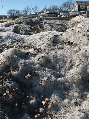 Dirty Snow
Miniature mountains of dirty snow resemble a moonscape at Town Beach by Barstow Wharf in Mattapoisett. Since a classic Nor’easter dumped up to 20 inches of snow on the south coast weeks ago, the area was hit again last weekend. Photo by Marilou Newell
