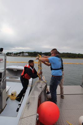 Oil Spill Drill
On Tuesday, the Town of Mattapoisett hosted a MassDEP-sponsored training course in cooperation with the Town of Fairhaven, representatives from the U.S. Coast Guard, Nuka Research and Planning Group and Moran Environmental Recovery. Working the Mattapoisett Harbormaster boat piloted by P.J. Beaudoin were Assistant Harbormaster Robert Clavin and intern Robert Haskell, and on the Mattapoisett Fire Department boat were Firefighter Daniel Cortes and Lieutenant Ross Macedo. Photos by Mick Colageo and Marilou New
