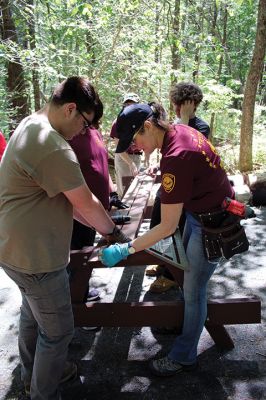 Eagle Scout
With help from volunteers, including members of Boy Scouts Troop 31, Noah Bellefeuille of Rochester directed the construction of two large picnic tables as his Eagle Scout project on June 1 at Old Colony Regional Vocational-Technical High School. Situated near the vernal pool just south of the athletic fields, the tables will serve students and science-related activities. Photos by Mick Colageo
