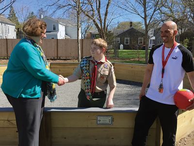 Gaga Pit at Center School
Paul McLaughlin of Mattapoisett Troop 53 has completed his Eagle Scout Project – a Gaga Pit at Center School. McLaughlin, a freshman at Old Colony, wanted to build the Gaga pit where everyone could access to enjoy a game of Gaga ball. The game is played inside the octagon pit with a soft ball. The ball is hit with the hand at opponents within the Gaga pit below the knees to get them ‘out’. The full set of rules can be found on a plaque hung within the pit, which is there for all to enjoy 
