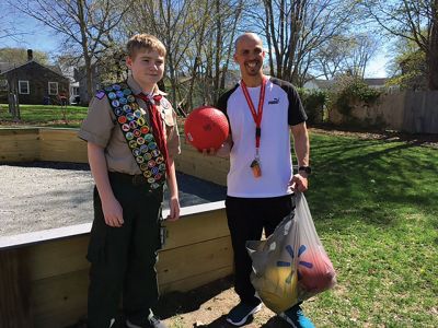 Gaga Pit at Center School
Paul McLaughlin of Mattapoisett Troop 53 has completed his Eagle Scout Project – a Gaga Pit at Center School. McLaughlin, a freshman at Old Colony, wanted to build the Gaga pit where everyone could access to enjoy a game of Gaga ball. The game is played inside the octagon pit with a soft ball. The ball is hit with the hand at opponents within the Gaga pit below the knees to get them ‘out’. The full set of rules can be found on a plaque hung within the pit, which is there for all to enjoy 
