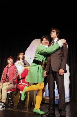 Elf!
Make way for Buddy the Elf! – Our newest favorite elf has made his way to the Tri-Town in the ORRHS Drama Club’s Christmas production of Elf the Musical. Opening night is Thursday, December 5, with shows and special “Santa Matinees” running until Sunday, December 8. Pictured here, Buddy, played by Andrew Steele, is ecstatic to have found his estranged and rather grumpy human birth father, Walter Hobbs, played by Luke Cuoto. Photo by Jean Perry
