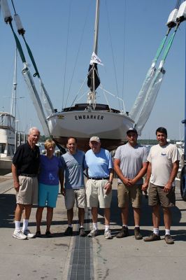 Embarker
Mattapoisett resident Bob Brack launched his sailboat “Embarker” on Monday for the 50th time from the Mattapoisett Boatyard. Brack has owned the same boat for 50 years, a rarity to encounter says former boatyard owner Art Maclean. Seen here, Brack and son Ken head out into Buzzards Bay on this golden anniversary of the first launching of “Embarker.” Photo by Jean Perry
