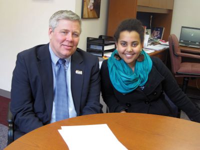New Talk Show
ORRHS Senior Emun Legesse hosts her own talk show. Emun’s first guest is ORR School District Superintendent Doug White. Tune into this insightful and informative show on the Tri-town Ed. Channel Comcast Ch.97 and Verizon Ch.3. Photo by: Deborah Stinson
