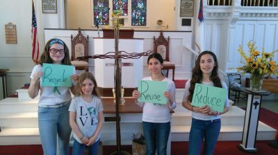  First Congregational Church of Marion
On Sunday, April 22, the First Congregational Church of Marion held a special Earth Day service, celebrating God's creation. Kathleen, Lily, Camila, and Maddie did a skit around the theme of reduce, reuse, recycle. After the service, we had a procession down to the Town Wharf where we cleaned up trash. Photos by Tanya Ambrosi and Sue Taggart
