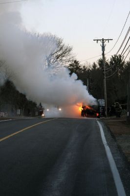 SUV Fire
An SUV was completely consumed by a fire in Rochester on Braley Hill Road, on Saturday evening, January 7, 2012. A passing motorist saw the flames and helped direct the occupants to safety. No injuries were reported, but Police Chief Paul Magee reported that the vehicle was a "total loss". Photo by Laura Fedak Pedulli.
