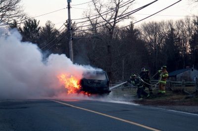 SUV Fire
An SUV was completely consumed by a fire in Rochester on Braley Hill Road, on Saturday evening, January 7, 2012. A passing motorist saw the flames and helped direct the occupants to safety. No injuries were reported, but Police Chief Paul Magee reported that the vehicle was a "total loss". Photo by Laura Fedak Pedulli.
