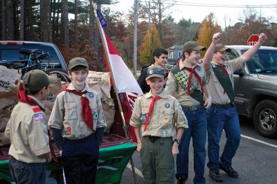 Holiday Food Drive
 Boy Scouts of Troop 32 in Marion celebrate during the last day of their food drive at the Marion Police Department.  The scouts collected over 200 items of non-perishable food for The Family Pantry- Damien’s Place in East Wareham.  Photo by Eric Tripoli.
