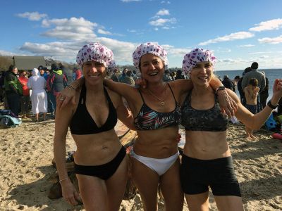 Freezing For A Reason
Friends bare it all for the 8th annual Freezing For A Reason on New Year’s Day 2020. Wearing designer shower caps were Maura Kelley, Helen Muller, and Linda Duchaine. They attended the event in memory of Richard Bartlett. 
