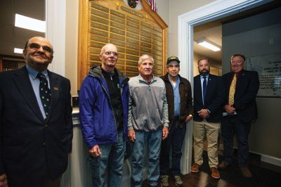 Vietnam Veterans Memorial 
From left, veterans Art Benner, Bob Reed and Bill Vincent get a close-up look at the names of Rochester residents who served on the new Vietnam Veterans Memorial that was installed on Friday at Town Hall. Rochester Select Board Chairman Paul Ciaburri, veterans Art Benner, Dave Watling and Bob Reed and Select Board members Adam Murphy and Brad Morse were among those on hand to celebrate the occasion. Photos by Kelly Smith Studios
