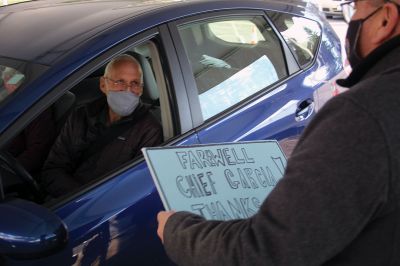 Chief Garcia Retires
At 2:06 pm on Friday, December 11, Marion Chief of Police John Garcia signed off to radio dispatch, ending his shift and a law enforcement career that spanned three and a half decades. The Town of Marion recognized his retirement with a drive-thru sendoff outside the Cushman Community Center. School children created a banner for the occasion that included greetings from the Board of Selectmen, Fire Department, town and school district officials, police cruisers from several towns across southeastern Mass
