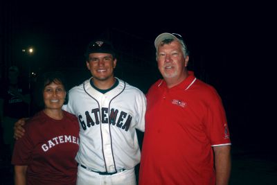 Gatemen Hosts
Cindy Dawicki of Mattapoisett, left, and her husband Ken, right, are the host family of Wareham Gatemen catcher Kyle Schwarber, center. The Dawicki's have been hosting Cape League players for the past six years.  Photo by Katy Fitzpatrick. 
