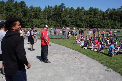 Wareham Gatemen
Wareham Gatemen, who visited with Old Rochester Youth Baseball and conducted a clinic on Saturday morning at Gifford Park in Rochester. The Cape Cod Baseball League team worked with Tri-Town players on hitting, fielding, base running and T-ball. Action photos by Mick Colageo, group photo courtesy of ORYB
