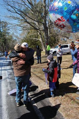 Cross-country Run
Graham Correia completed his cross-country run from Denver, Colorado, to Massachusetts on Sunday, March 13, at his parents’ home in North Rochester where he was greeted by his parents Gary and Robin and dozens of family members and friends from various times and places in his life. Correia was accompanied for the final five miles by former Mattapoisett Road Race champion Jason Eddy, with whom he grew up. Photos by Mick Colageo
