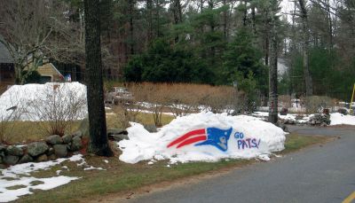 Go Pats!
The Mooney family on Crystal Springs Road painted the Patriot's logo in a snow bank in thier yard to celebrate the Pats making the Playoffs.
