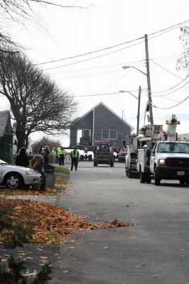 Journey's End
Trees were trimmed along Brant Beach Avenue, and N Star worked with Comcast to bring some power lines down so the Francoeur house could be placed onto its new foundation on November 10, 2009. Debbie Francoeur and her son Isaac have t-shirts and hats available for those wishing to purchase a keepsake of the move. Photo by Anne O'Brien-Kakley.
